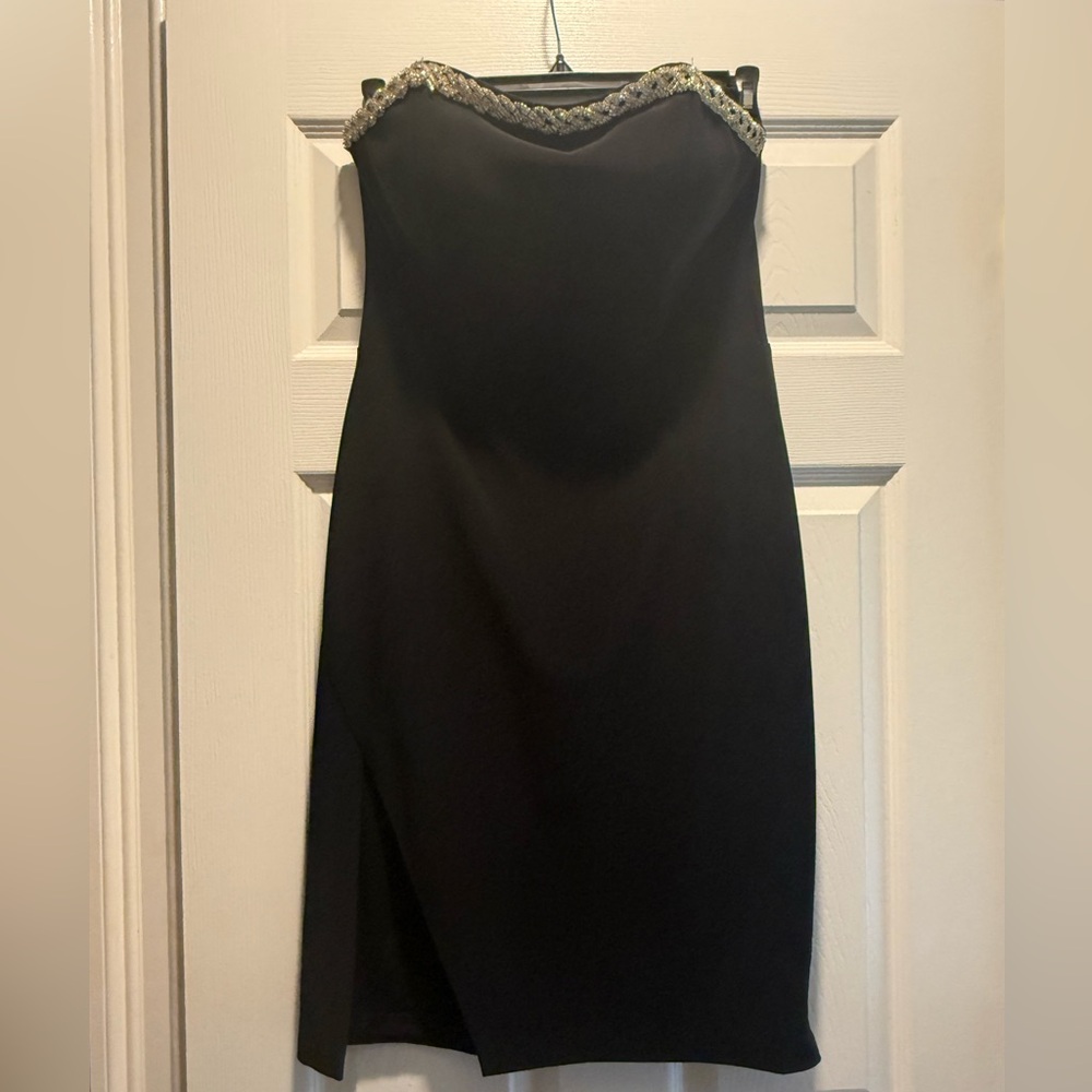 Aqua Black Strapless Dress with Silver Rhinestone Trim midi length